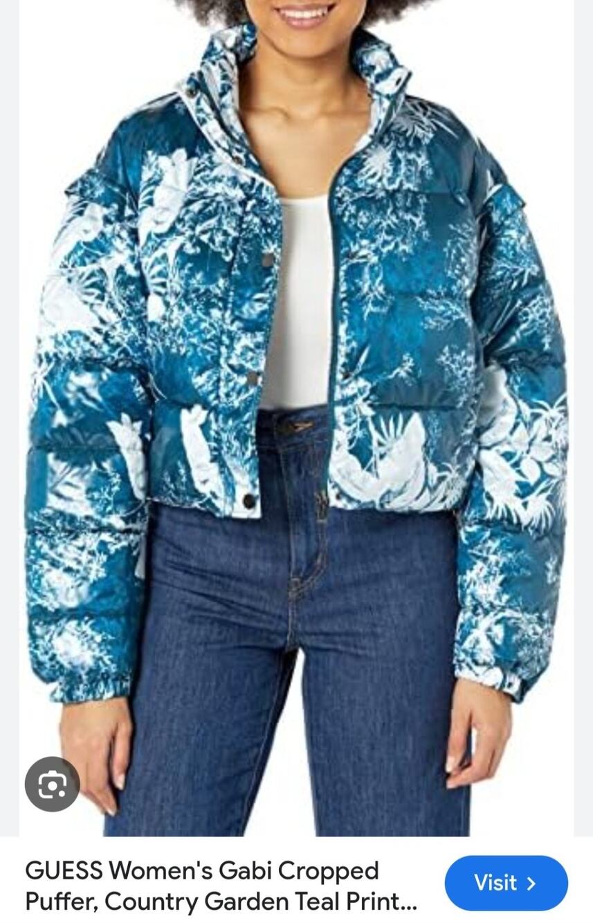 GUESS Women's GABY Cropped Puffer Jacket Vest Garden Teal Print SMALL HTF/RARE